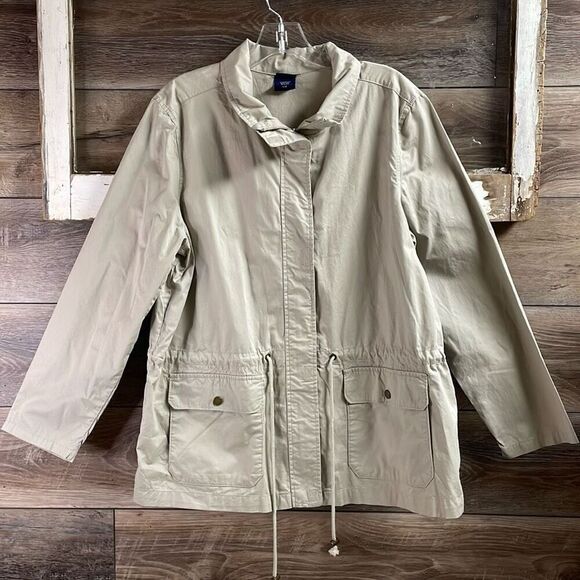 BASIC EDITION Khaki Outdoor Utility Jacket Drawstring Waist Deep Pockets Size L - Picture 1 of 7